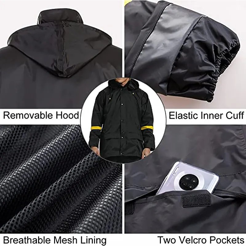 Black Jacket Trousers Waterproof Nylon PVC Coated Reflective Raincoat