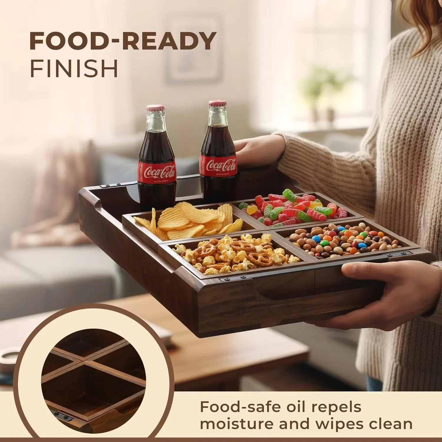 Factory Customized Acacia Wood Grid Plate for Home Parties, Cooked Food, Fruits, Appetizers, Desserts, Multifunctional Tray