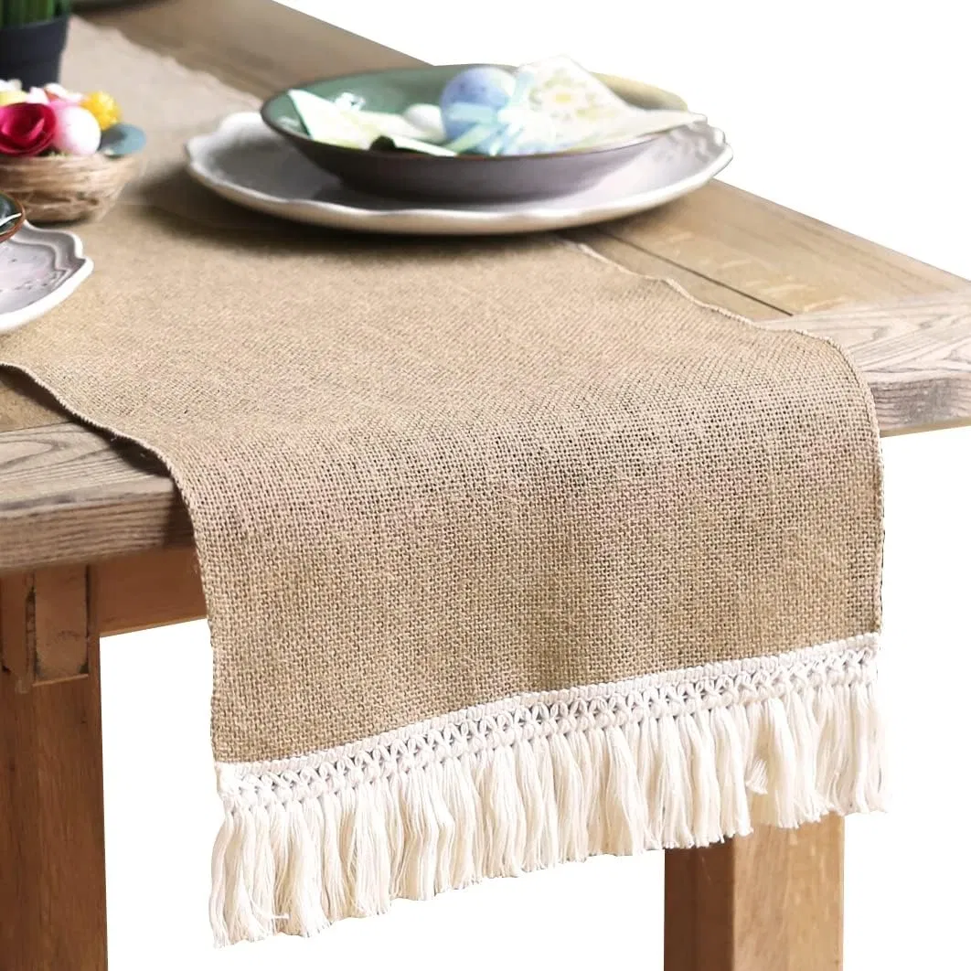 Cotton Tassel Natural Burlap Table Runner