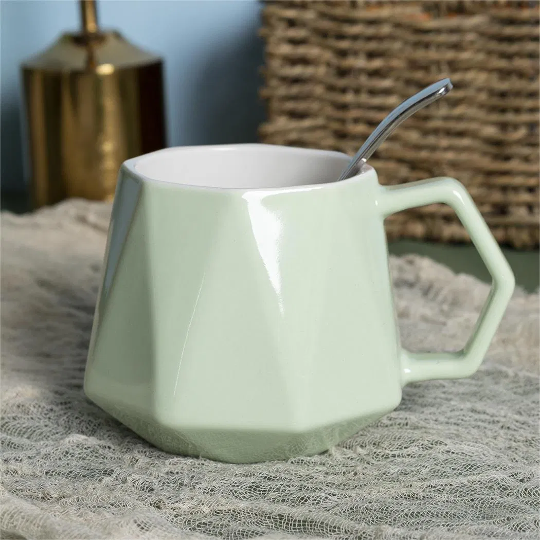 Custom 360ml/13oz Embossed Diamond Family Couple Breakfast Mug Wholesale Nordic Color Glazed Ceramic Coffee Mug