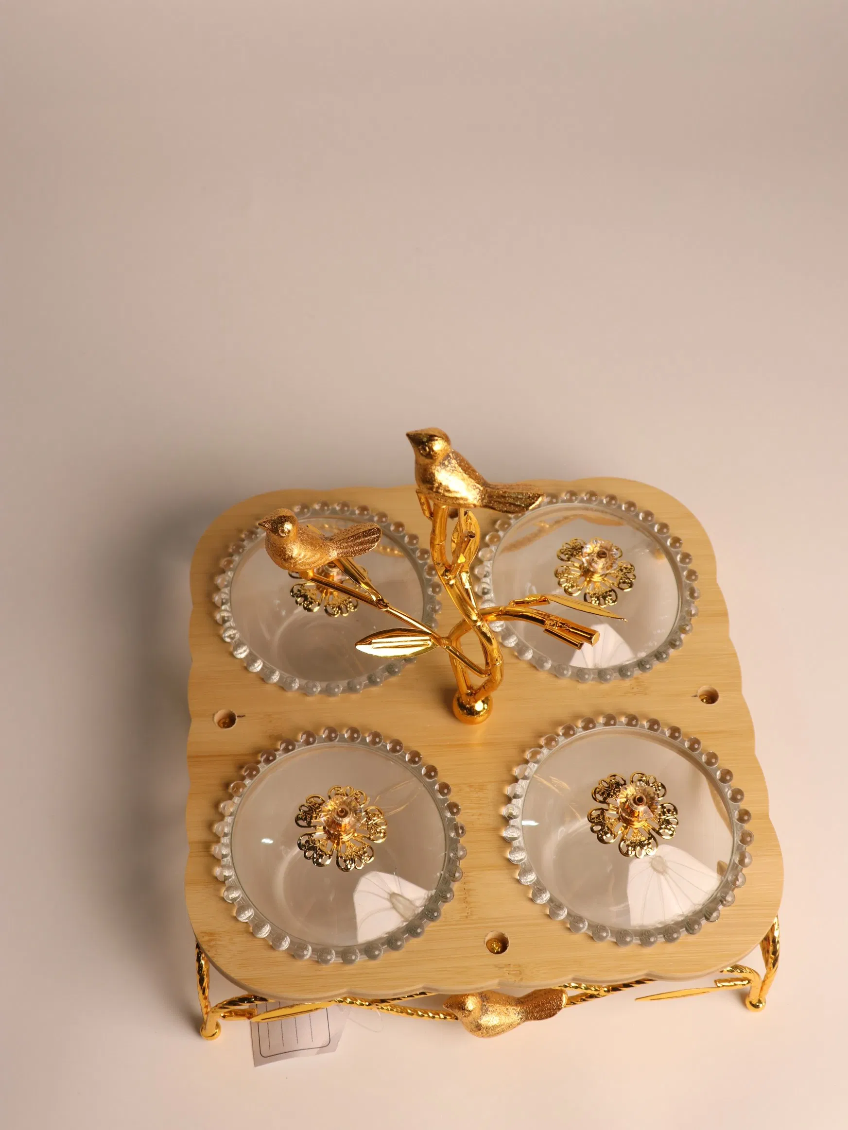 Home Ornament Gold-Plated Iron Frame with Large Size Four-Panel Glass Bowl
