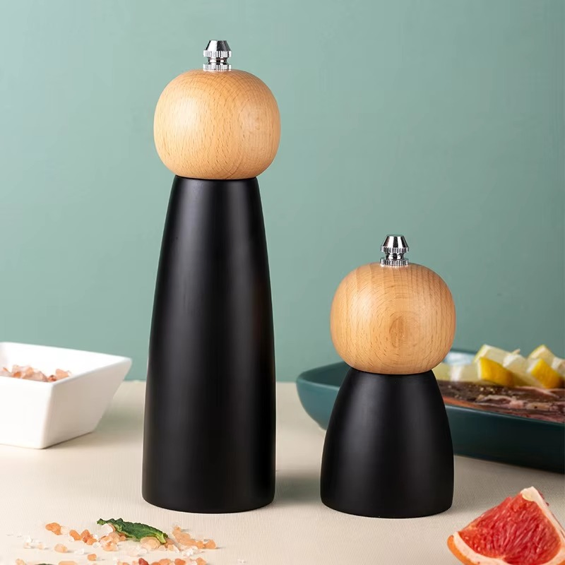 Wholesale 5" 6" 8" Japanese Style Black Manual Spice Shaker Wood Salt and Pepper Mill Grinder Set