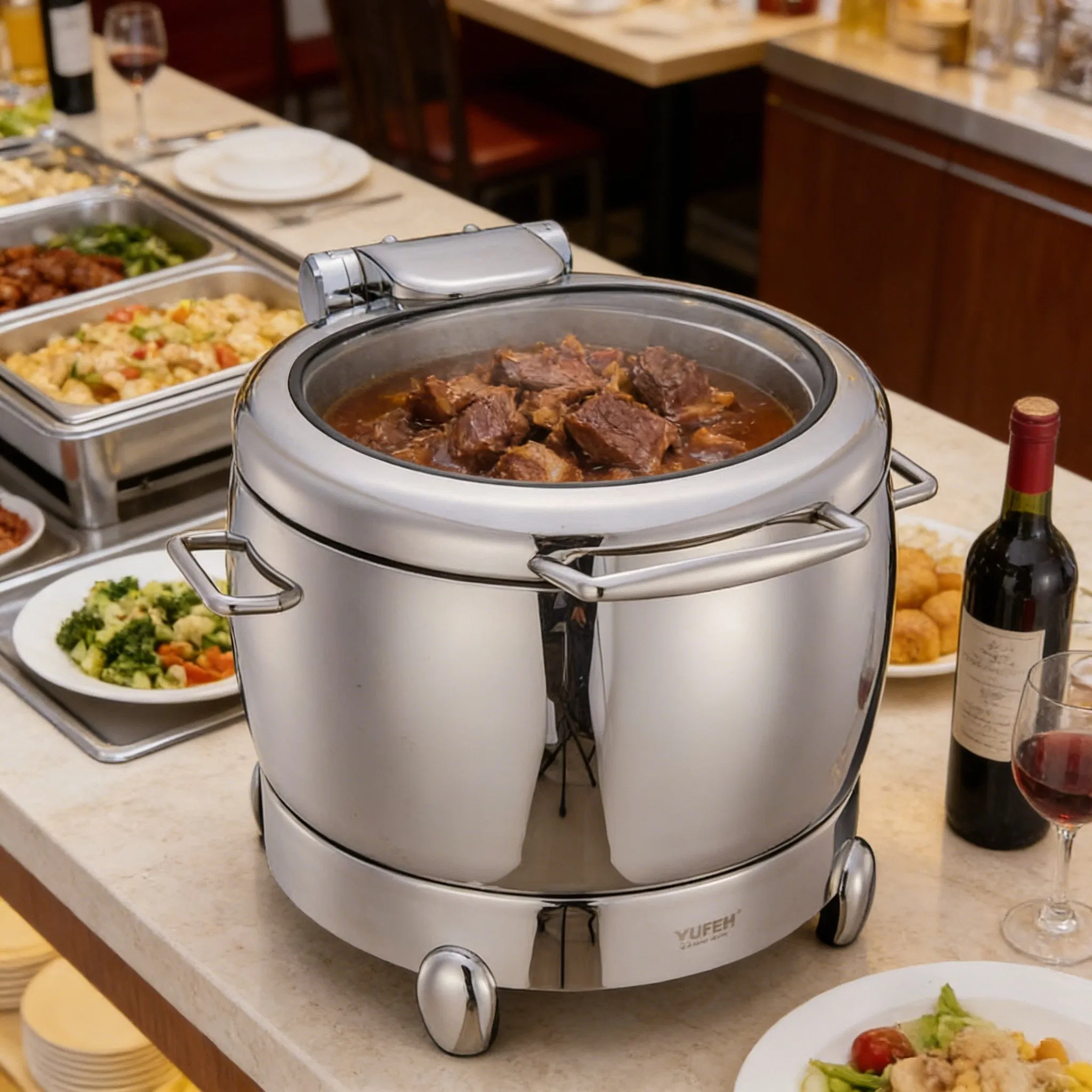 Yufeh Commercial Stainless Steel 10L Chafing Dishes Buffet Soup Food Warmer with Hydrauli Glass Lid Food Warmer Display