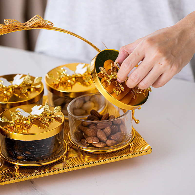 Glass Home Decor Bowl Set, Includes 6 Glass Bowls and a Gold-Plated Iron Stand Candy Bowl