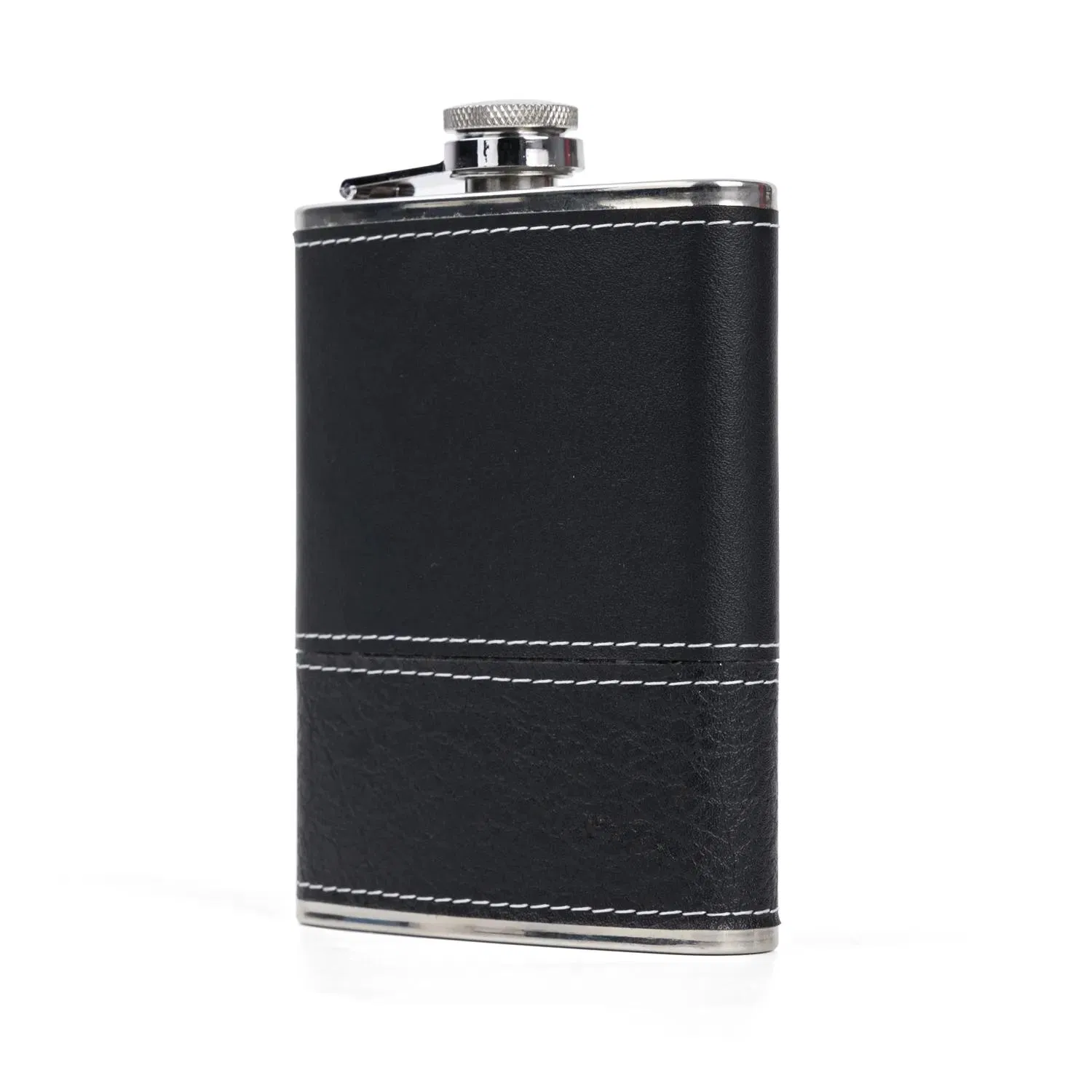 Holiday Gift 8 Oz Stainless Steel Hip Flask Set with Funnel Mini Black Leather Cover for Liquor Whiskey Alcohol Wine