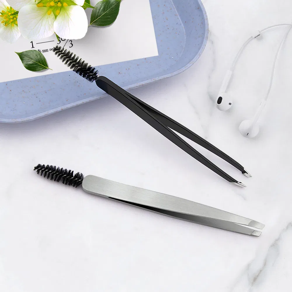 Double Head Beauty Care Lashes Tools Eyebrow Comb Brush Stainless Steel Slanted Squared Eyelash Tweezers