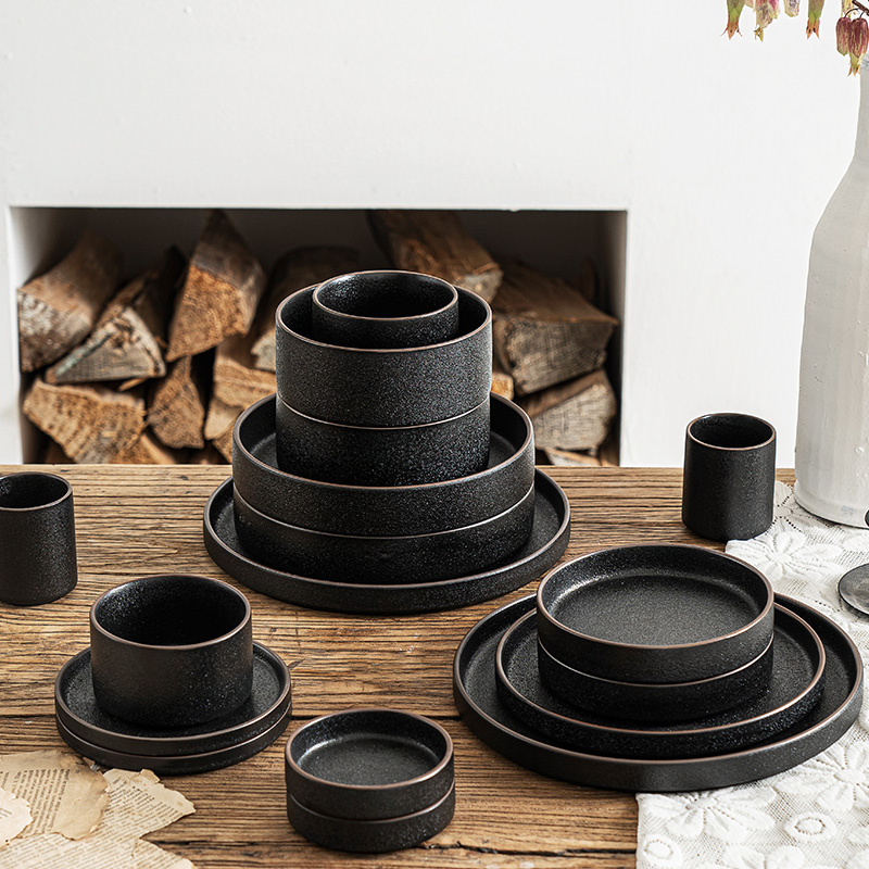 Nordic Dinner Tableware Black Ceramic Round Soup Rice Salad Bowl