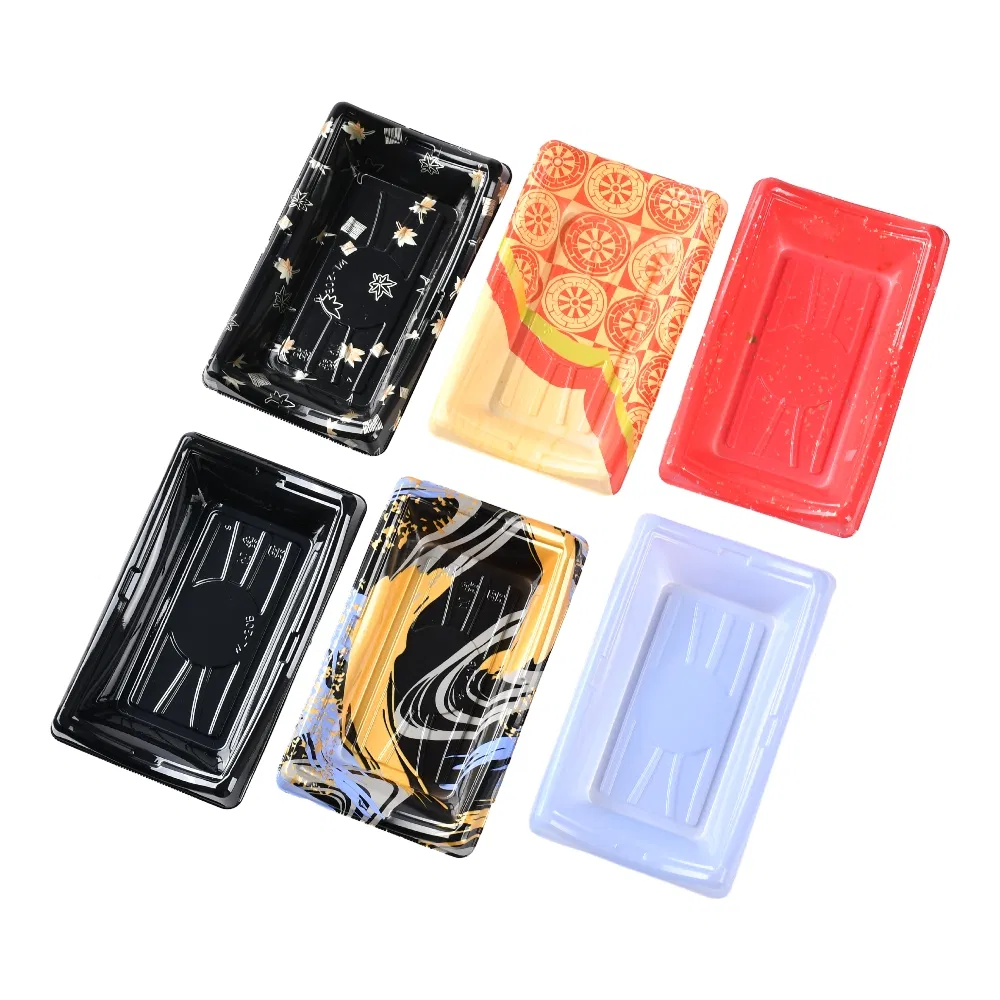 Factory Supplier Catering Food Packing Take Away Airtight Buckle Design Disposable Japanese Sushi Tray Boat Shape Food Container