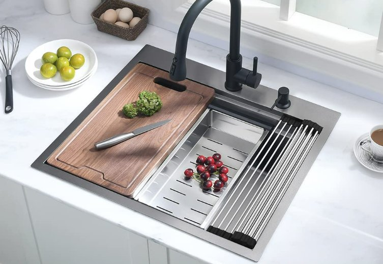 7546 Nano Black Countertop Single Trough Step 304 Stainless Steel Kitchen Household Sink with Accessories