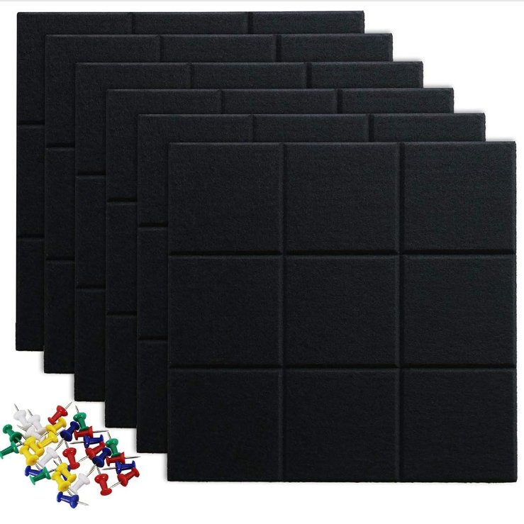 Black Color Large Cork Board Felt Board Tiles for Walls with 30 Push Pins, 11.8"X11.8" Pack of 6 Pin Board Notice Boards for Home Office