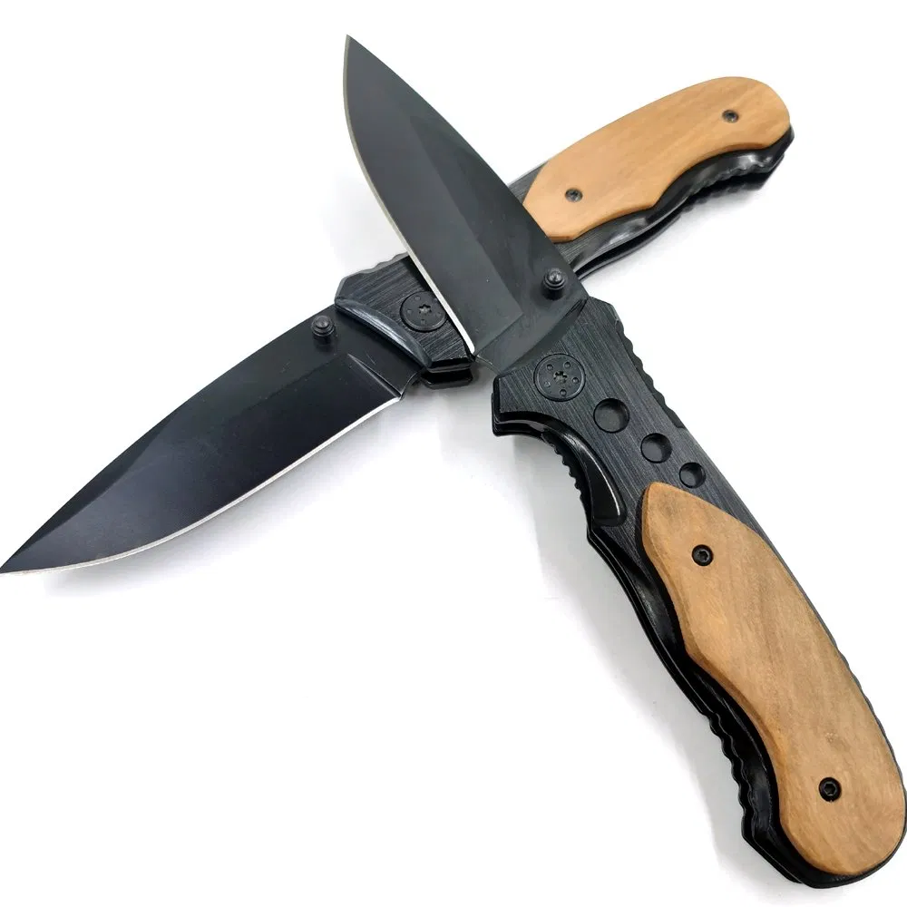 Pk-432bk The Best Sales Black Coating Blade Anodized Handle Decorated Olive Wood Folding Pocket Knife