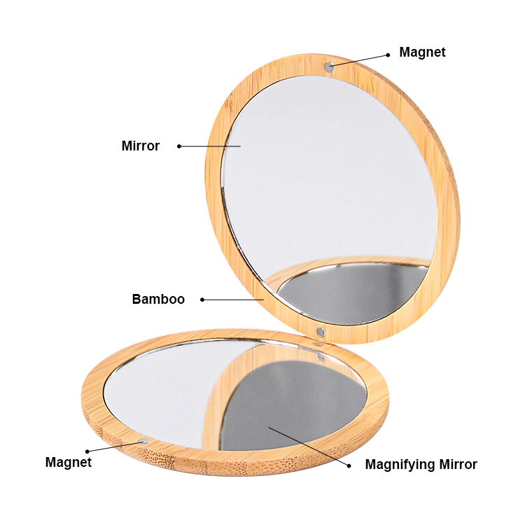 2020 Fashion Eco Friendly Custom Logo Bamboo Round Pocket Cosmetic Mirror Compact Makeup Mirror