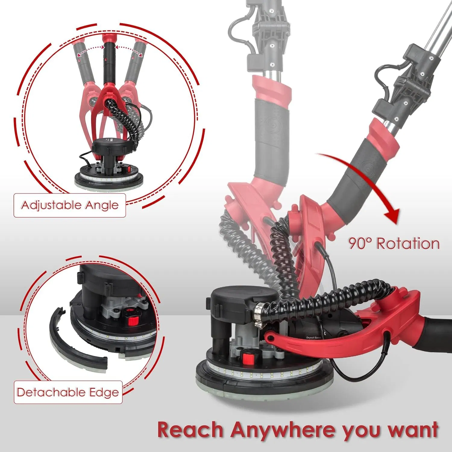 Variable Speed Hand Held Electric Orbital Sander Drywall 1390W Power Dust Free Wall Sander with Extendable Handle, LED Light