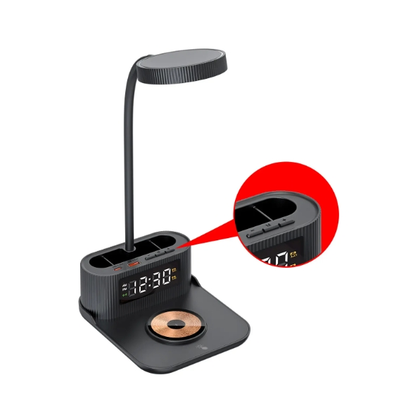 Multifunctional 15W Wireless Charger Desktop Digital Alarm Clock Dual Ports Wireless Fast Charging Table Lamp with Pen Holder