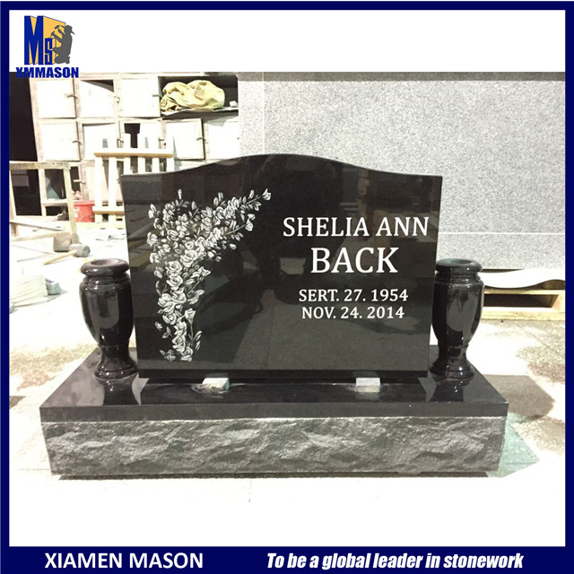 Jet Black Headstone Laser Etching with Vases for Wholesale Graniate Monument