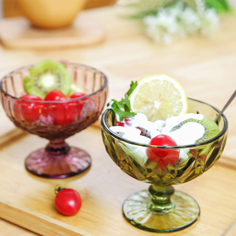 Vintage Embossed Glassware Colored Green Pink Champagne Glass Goblet with Pattern