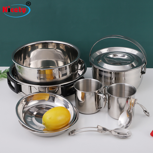 Wholesale Pot Set 10 Pieces Stainless Steel Mess Kit Camping Pot Set
