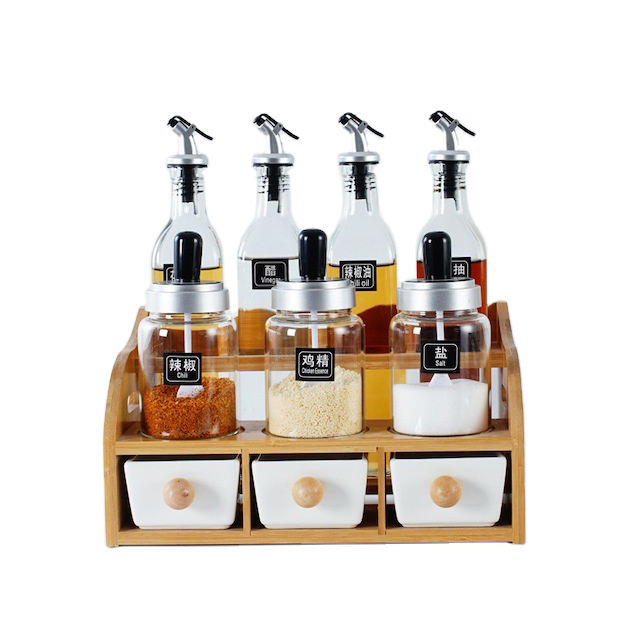 Kitchenware Bamboo Ceramic Condiment Seasoning Jar Glass Oil Bottle Storage Set
