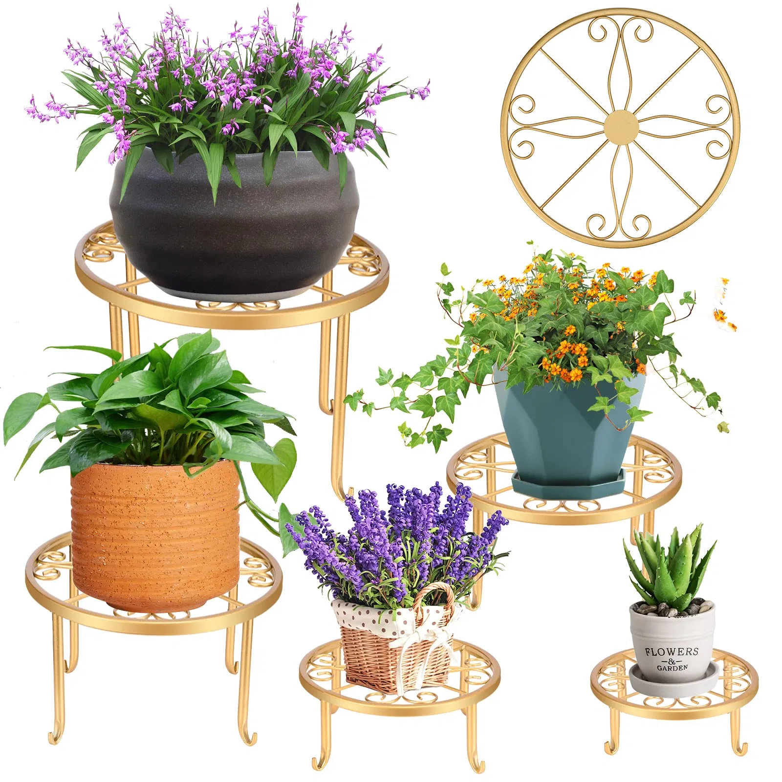 Metal Flower Pot Stands Multiple Rustproof Iron Round Shelf Plant Stand