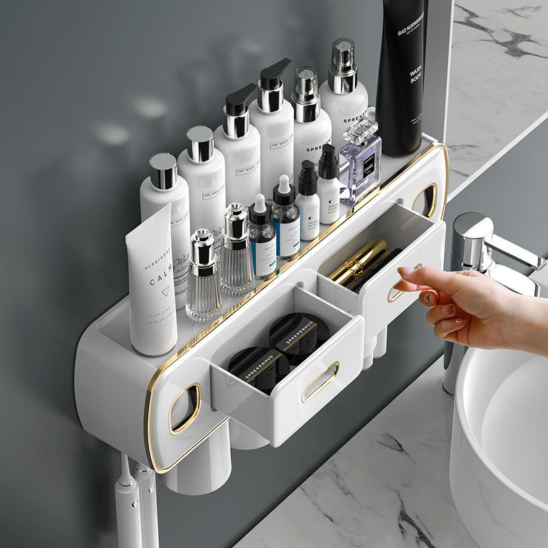 Creative 4-Cup Toothbrush Holder with Toothpaste Dispenser Bathroom Storage Multifunctional Rack