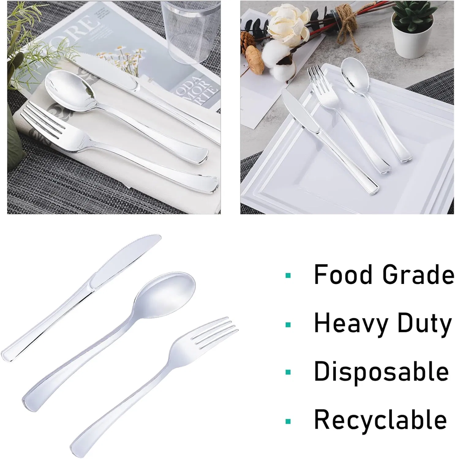 Silver Plastic Spoons Heavy Duty Disposable Spoons Dessert Spoons for Wedding & Party & New Year & Valentine's Day