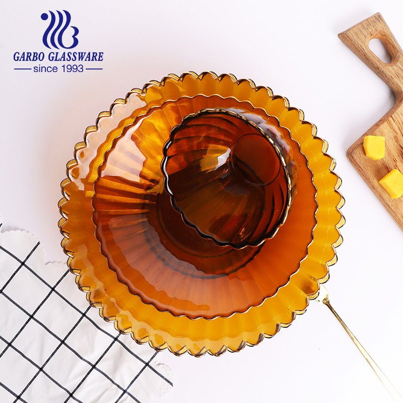 Amber Solid Color Glass Bowl Lotus Flower Shape Gold Rim Glassware Set Glass Serving Bowl Tableware Salad Fruit Bowl