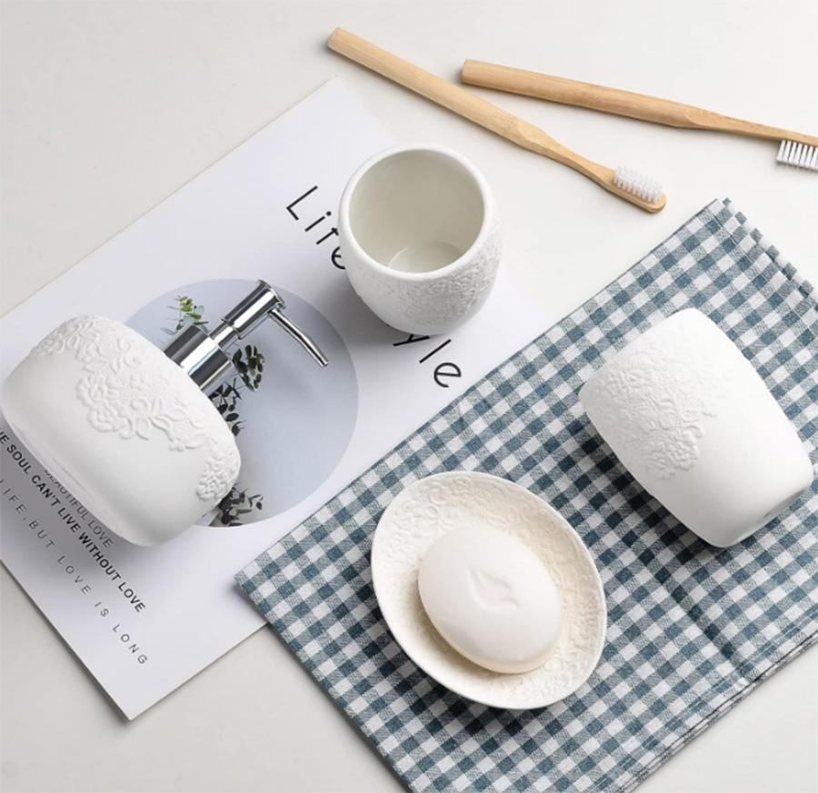 Ceramic Dispenser Soap Dish Cup Bathroom Accessories Set with Embossed Design