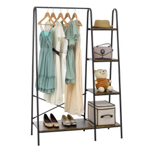 Rustic Heavy Iron Freestanding Garment Rack 4 Wood Shelves Portable Organizer for Bedroom/Entryway Living Room Hanging Clothes