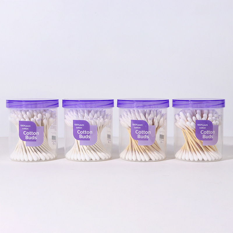 Purple Cylinder with Cover 100 Wooden /Paper Sticks Double-End Round Head Pointed Cosmetic Cotton Swabs