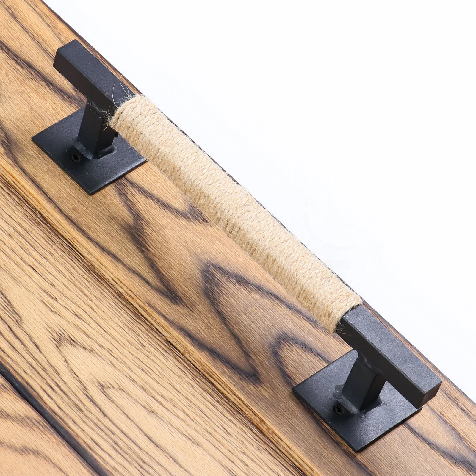 Kinmade 12" Antique Rustic Handmade Barn Door Handle Black Square Base Wrought Iron Door Pulls with Hemp Rope