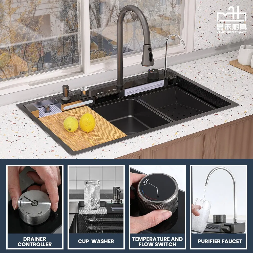 New Undermount Waterfall Kitchen Sink Flying Rain Sink Multifunctional Sink Nano Black Sink Whale