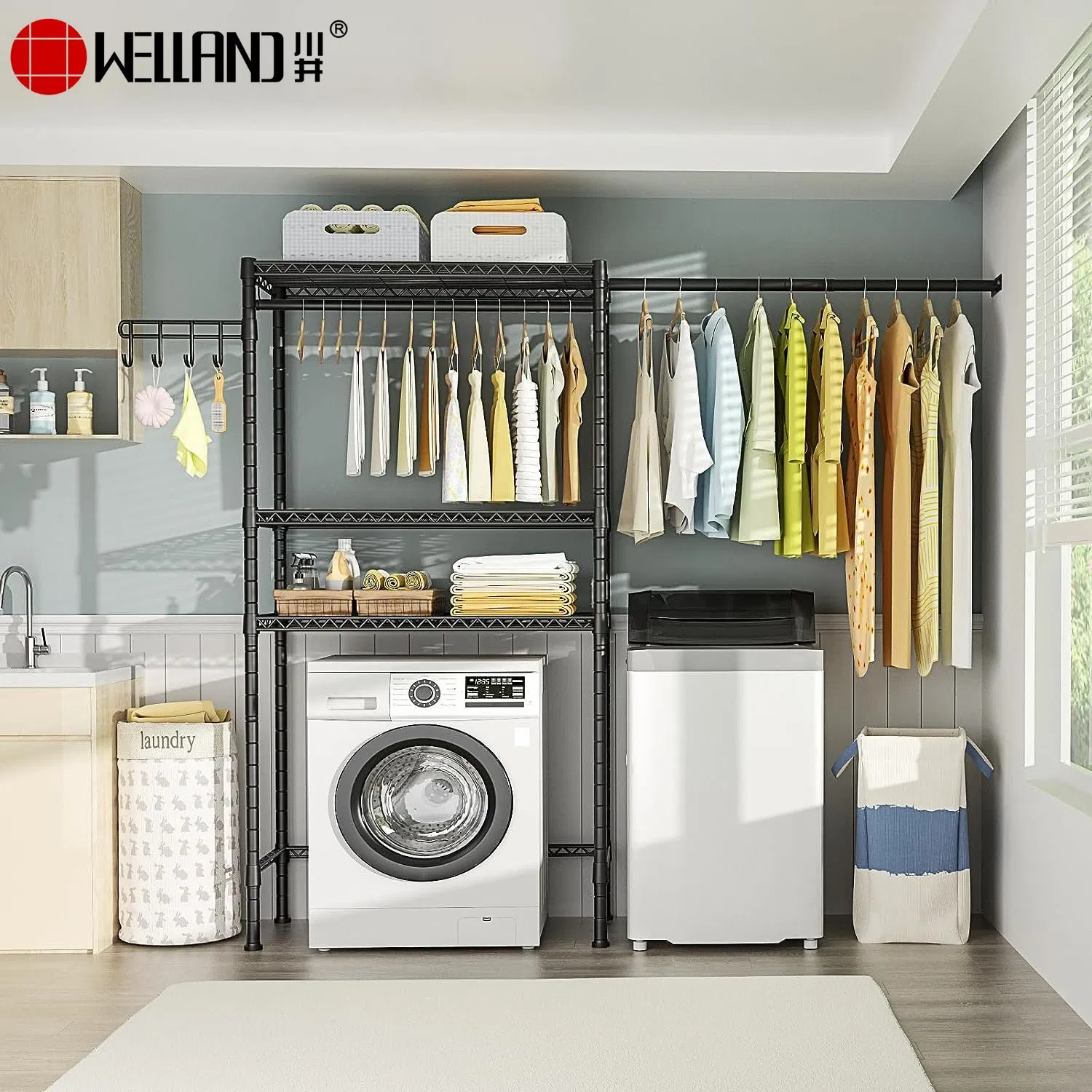 Laundry Room Washing Machine Storage 2 Hanging Clothing Drying Rack with 3 Wire Shelves