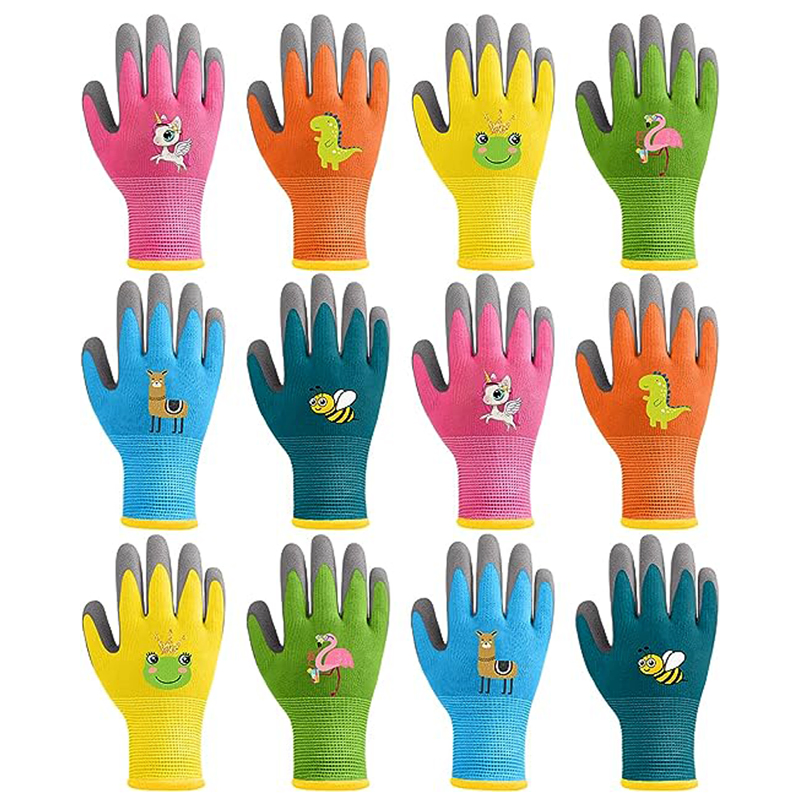 13 gauge fluorescent nylon/polyester liner.Black latex coating.Foam finish children's garden gloves.