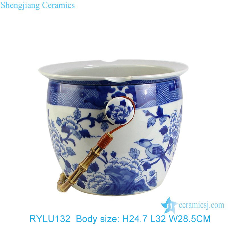 Rylu132 Blue and White Flower Bird Pattern Ceramic Bucket with Bamboo Handle