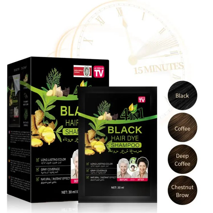 Online Wholesale and Retail Permanent 4 in 1 100% Cover Gray Black Hair Shampoo Dark Brown Plant Extract Ginseng Sachet Herbal Black Hair Dye Shampoo