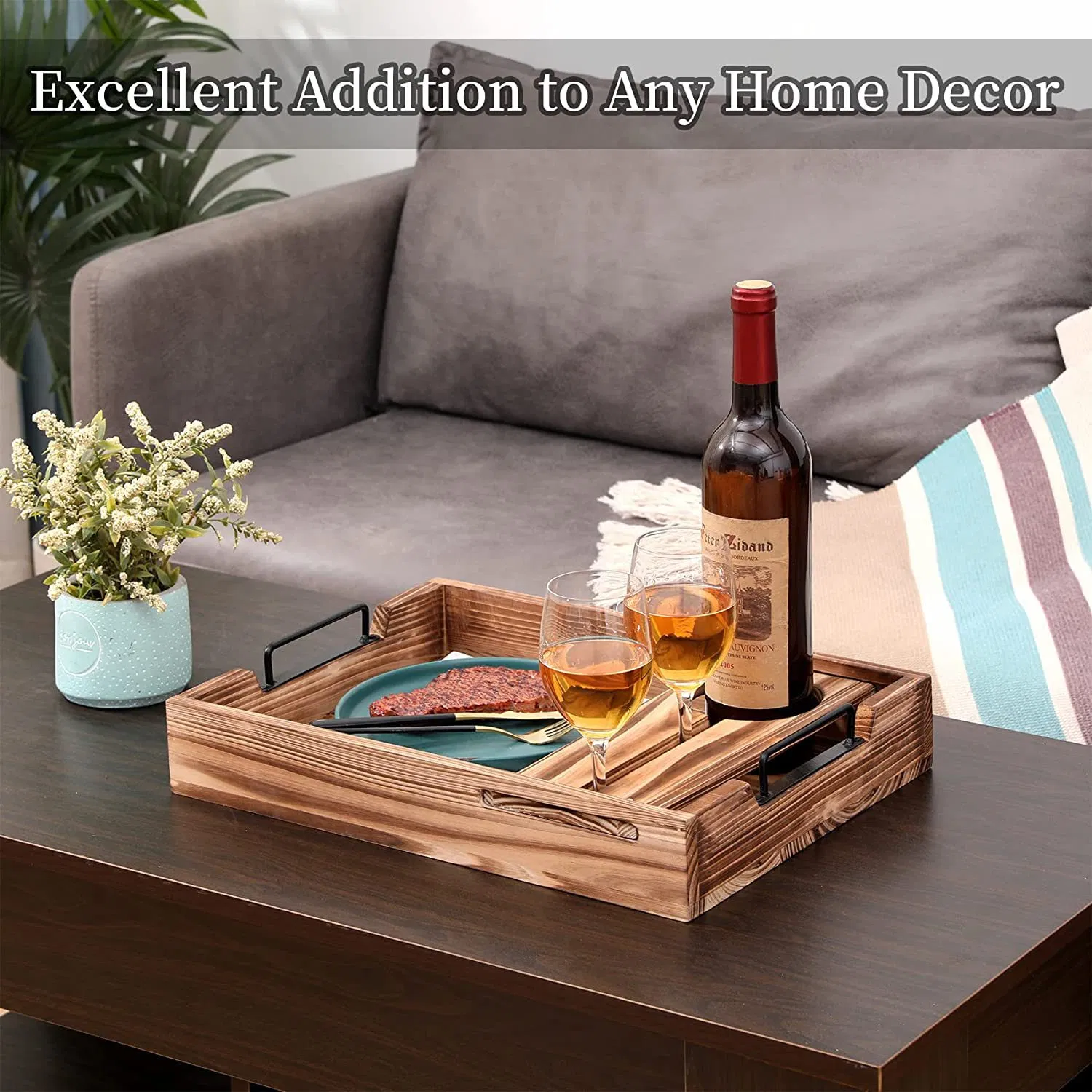 Solid Wooden Wine Serving Tray with Removable Glass Holder for Breakfirst