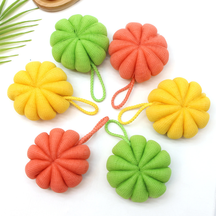Orange Pumpkin Shaped Flexibly Mesh Shower Puff for Body Cleaning