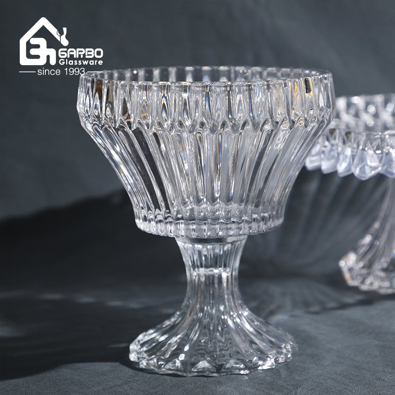 Big Size Fruit Glass Candy Pot with Lid Serving Candy Pot with Classic Strip Pattern High Quality Candy Pot with Stand