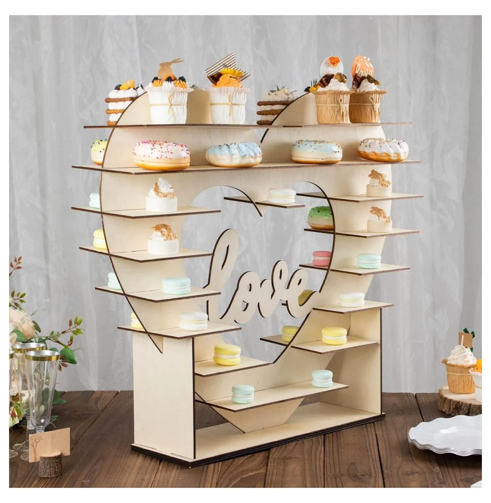 Heart Shaped 8-Layer Double Sided Wooden Dessert Display Stand