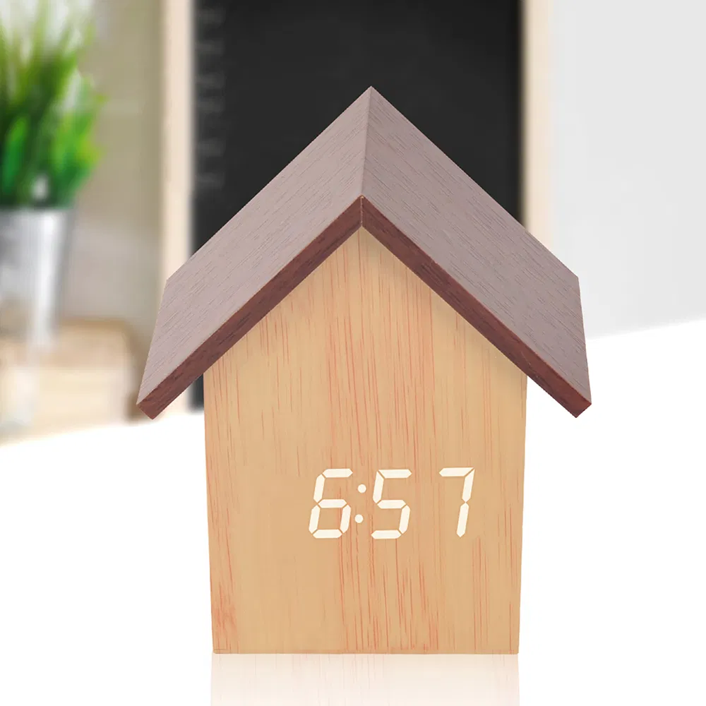 House Shape Wood LED Alarm Voice Control Home Temperature Display Clock Smart Gift