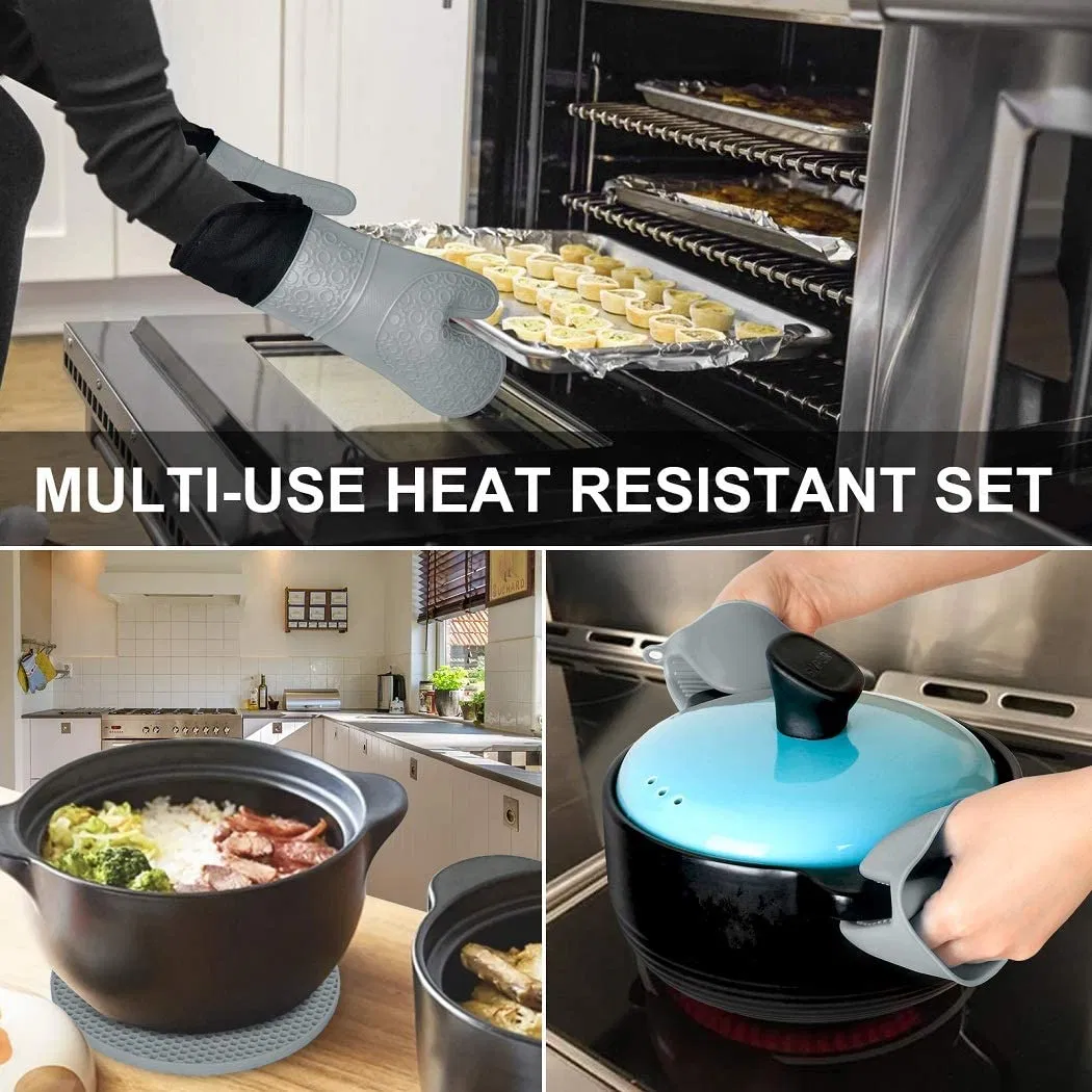 Silicone Oven Mitts and Pot Holders Set, 6 Piece Set with 2 Hot Pads, Heat Resistant Professional Silicone Oven Mitts for Grilling