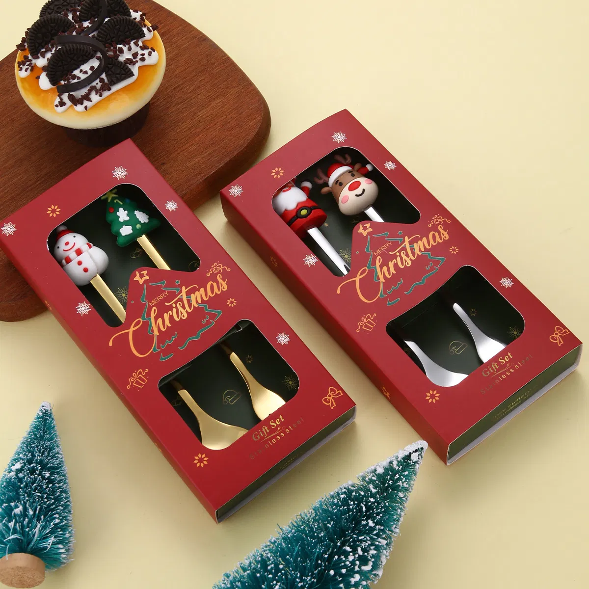 2PCS Gold Kids Spoon and Fork with Cute Christmas Doll Cutlery Set