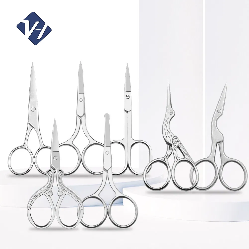 Stainless Steel C Nose Hair Scissors, Round-Head Scissors, Eyebrow Trimming Scissors, Pointed-Head Crane-Shaped Embroidered Peach Scissors, Eyelash Trimming Bea