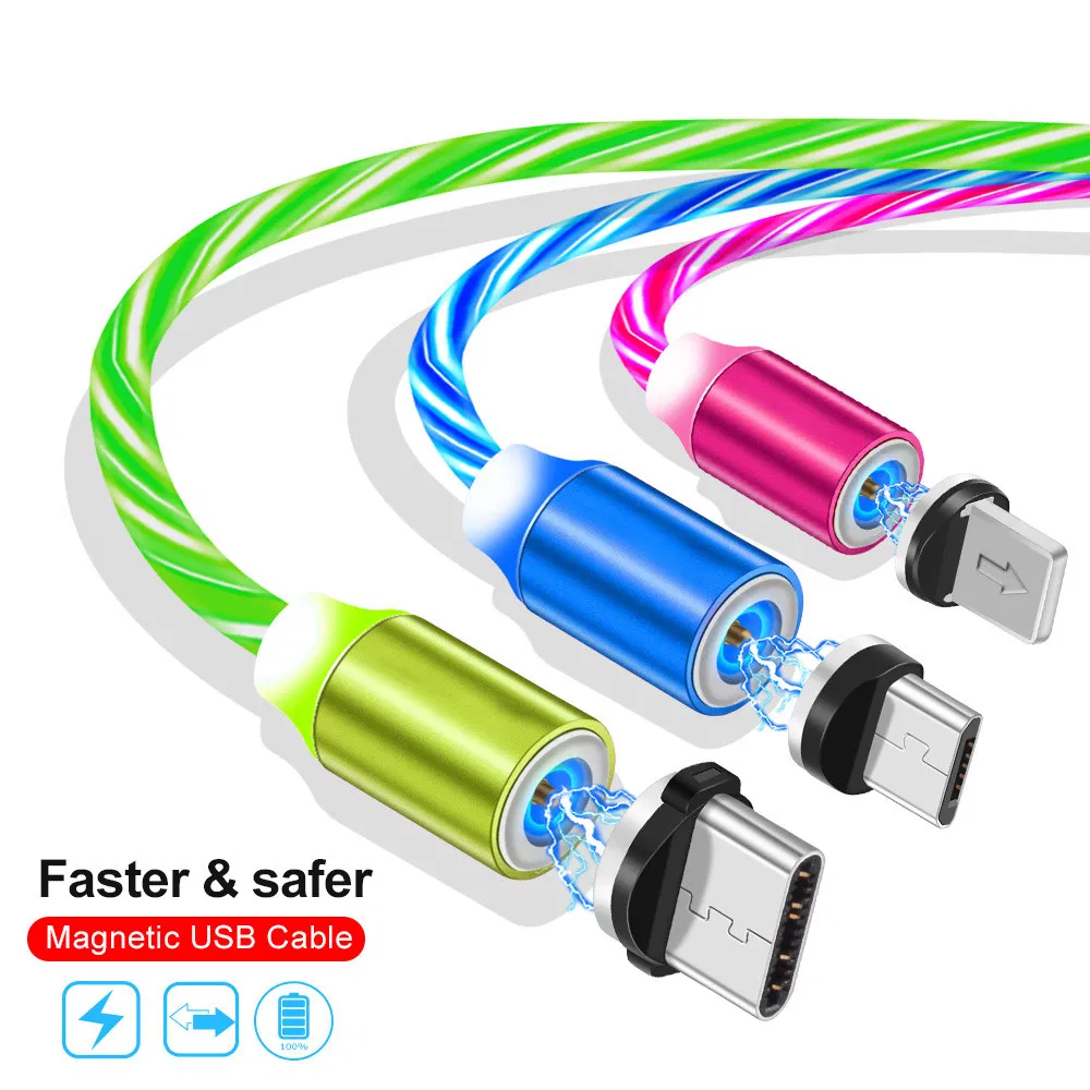 Cheap price USB charging and data cable multifunction flowing LED light magnetic cable 3 in 1 micro/8pin/type C 2.4A USB Charger cable for mobile phone