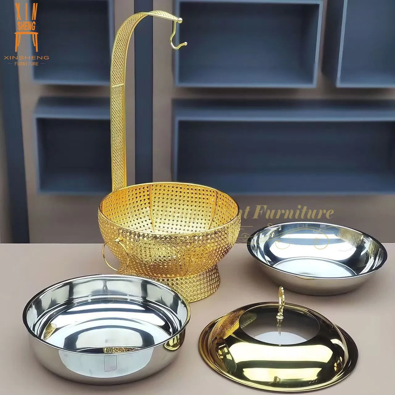 Stainless Steel Hotel Chafing Dish Gold Food Warmer with Lid Holder Cover Hanging Chafing Dish for Wedding Hotel