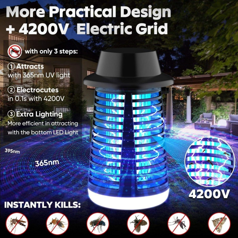Solar Powered Bug Zapper Outdoor Waterproof Mosquito Killer Lamp Electric Fly Swatter Insect Trap Light UV Repellent