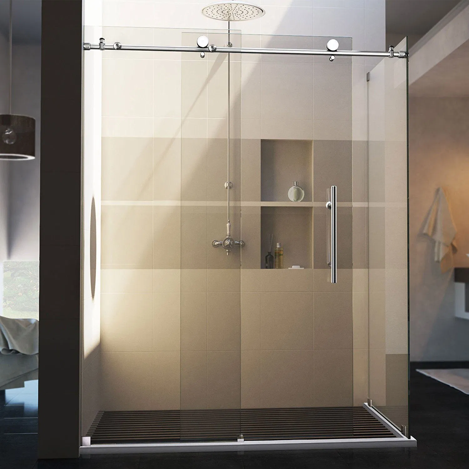 48" X 35" X 77.5" Completely Frameless Sliding Shower Enclosure with Right Drain Shower Base, Polished Chrome