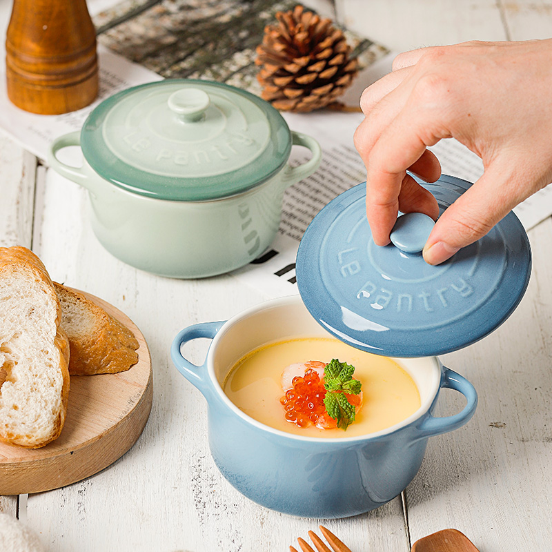 Double Ear Soup Bowl Heat Resistant Mini Round Ceramic Baking Bowl with Lid