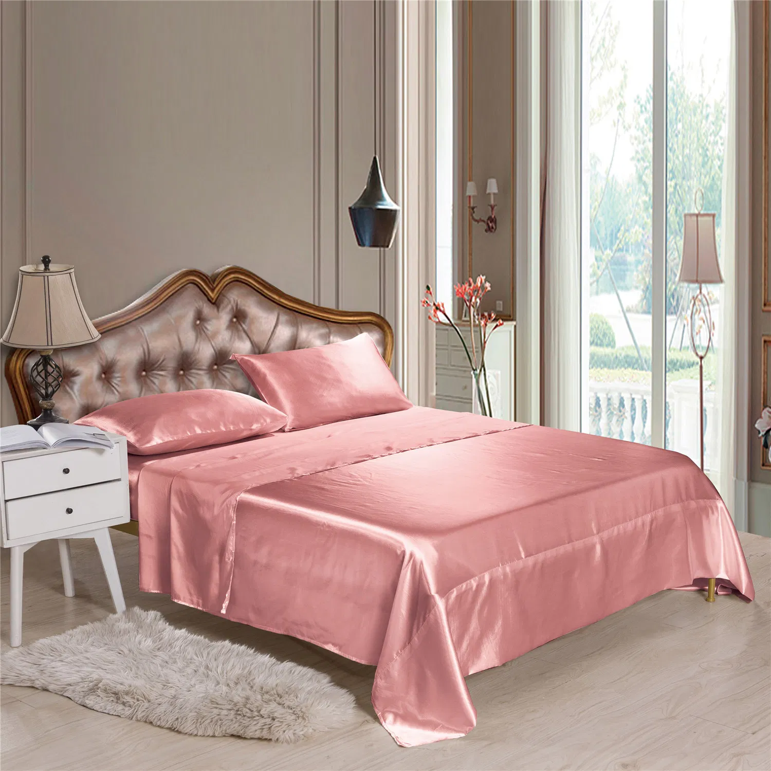 Hot Sale Bed Sheets Set Glossy Imitation Silk Solid Color Satin Flat Sheet ODM/OEM Fitted Sheet Pillowcases Twin/Queen/King Bedding Set Bed Sheets Wholesale