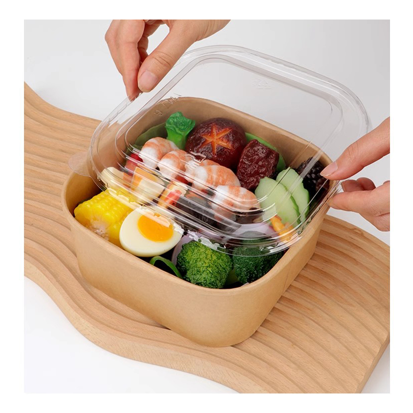 Disposable Logo Printed Food Grade Kraft Paper Salad Takeaway Container Heat Resistant Soup Sushi Fruit Bowls with Clear Lid